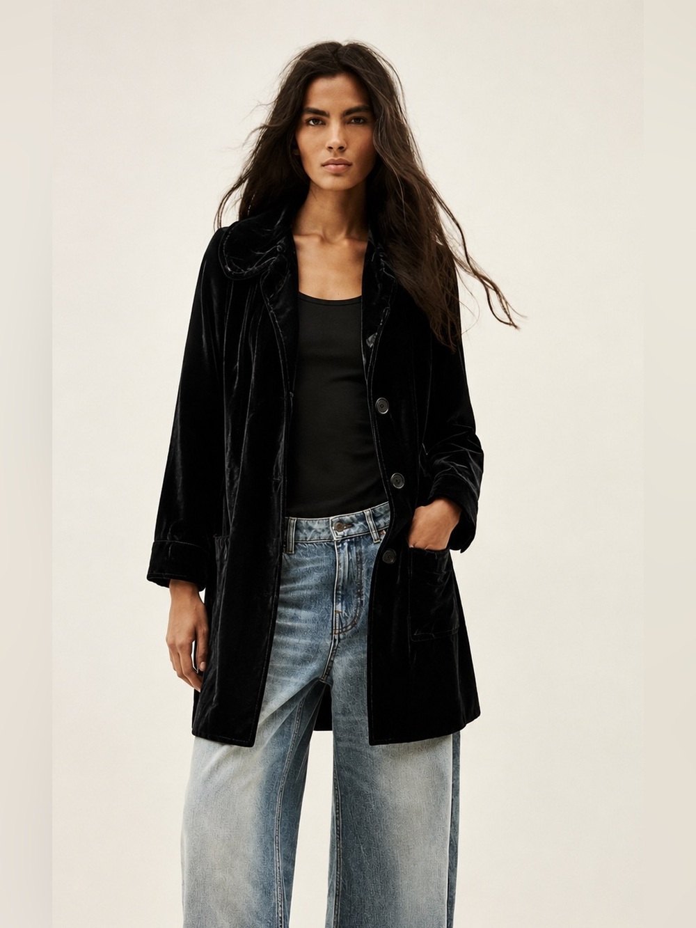 Black Velvet Flare Jacket - Lux Relaxed Coat